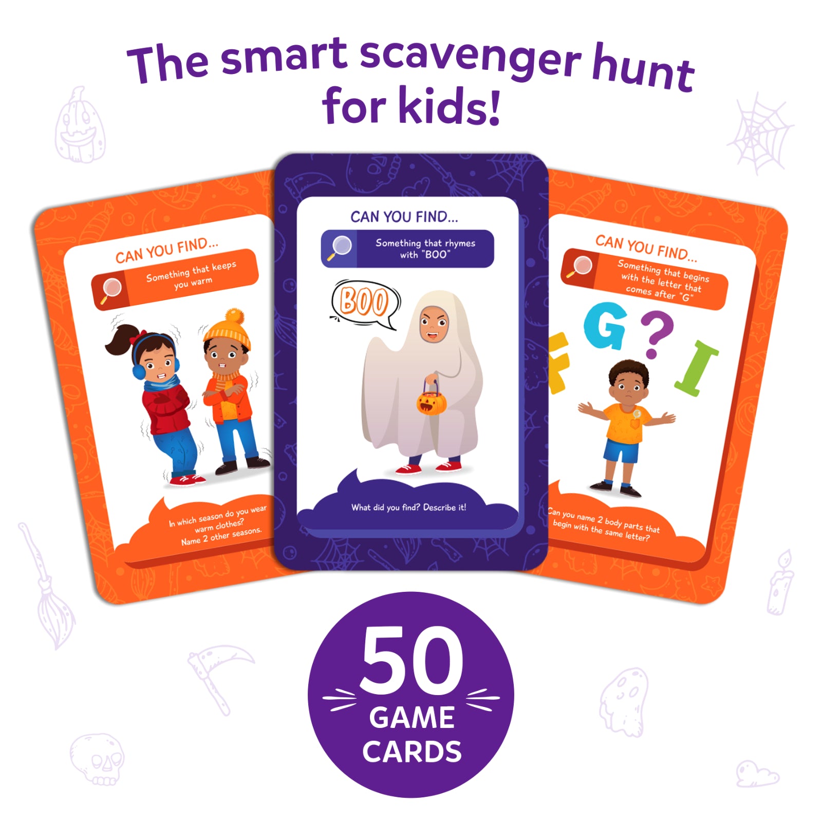 Colorful children’s game cards with illustrations and Can You Find prompts for Halloween