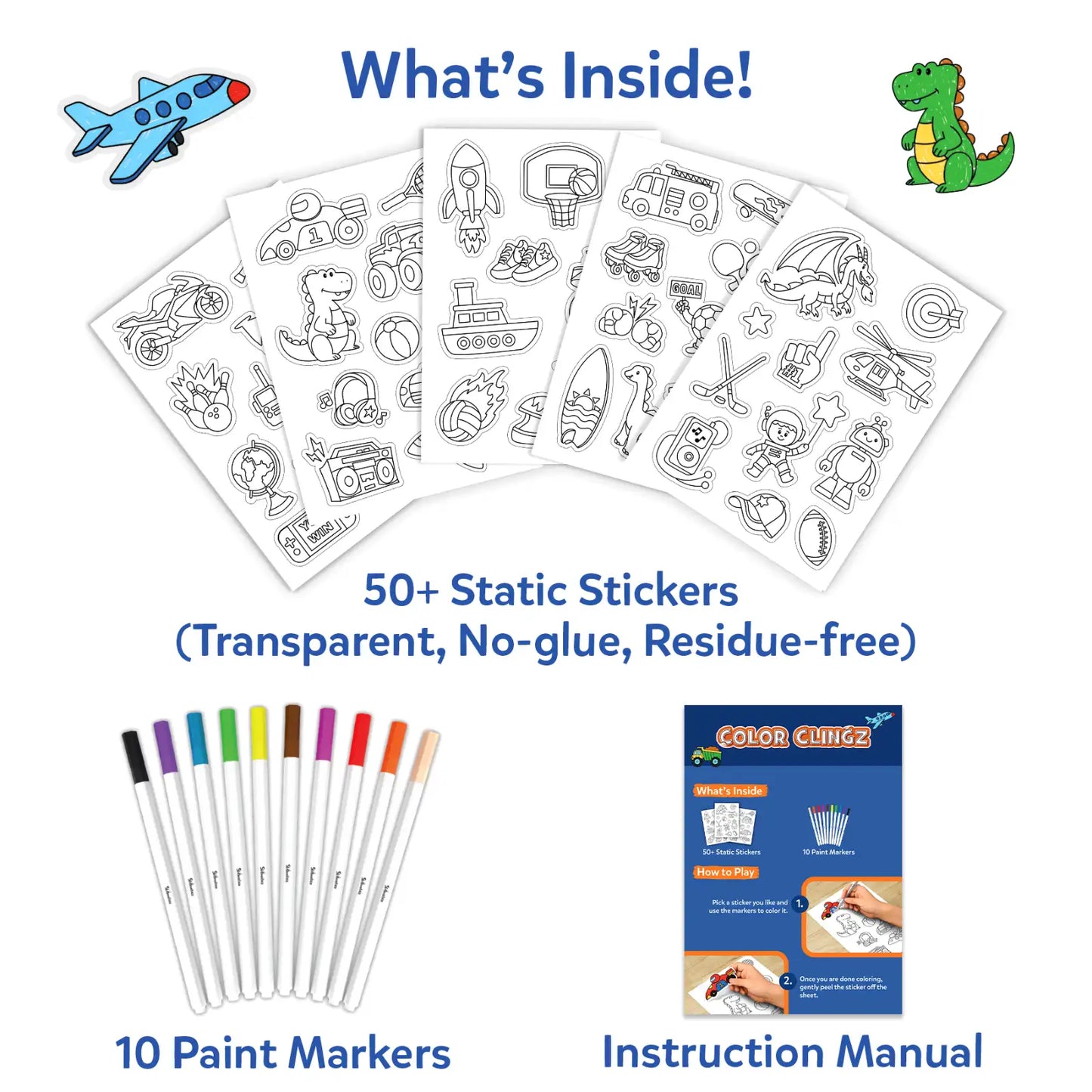 Color Clingz: Cars, Sports, Dinos & More! | Mess-Free Reusable Static Stickers (Ages 3-7)