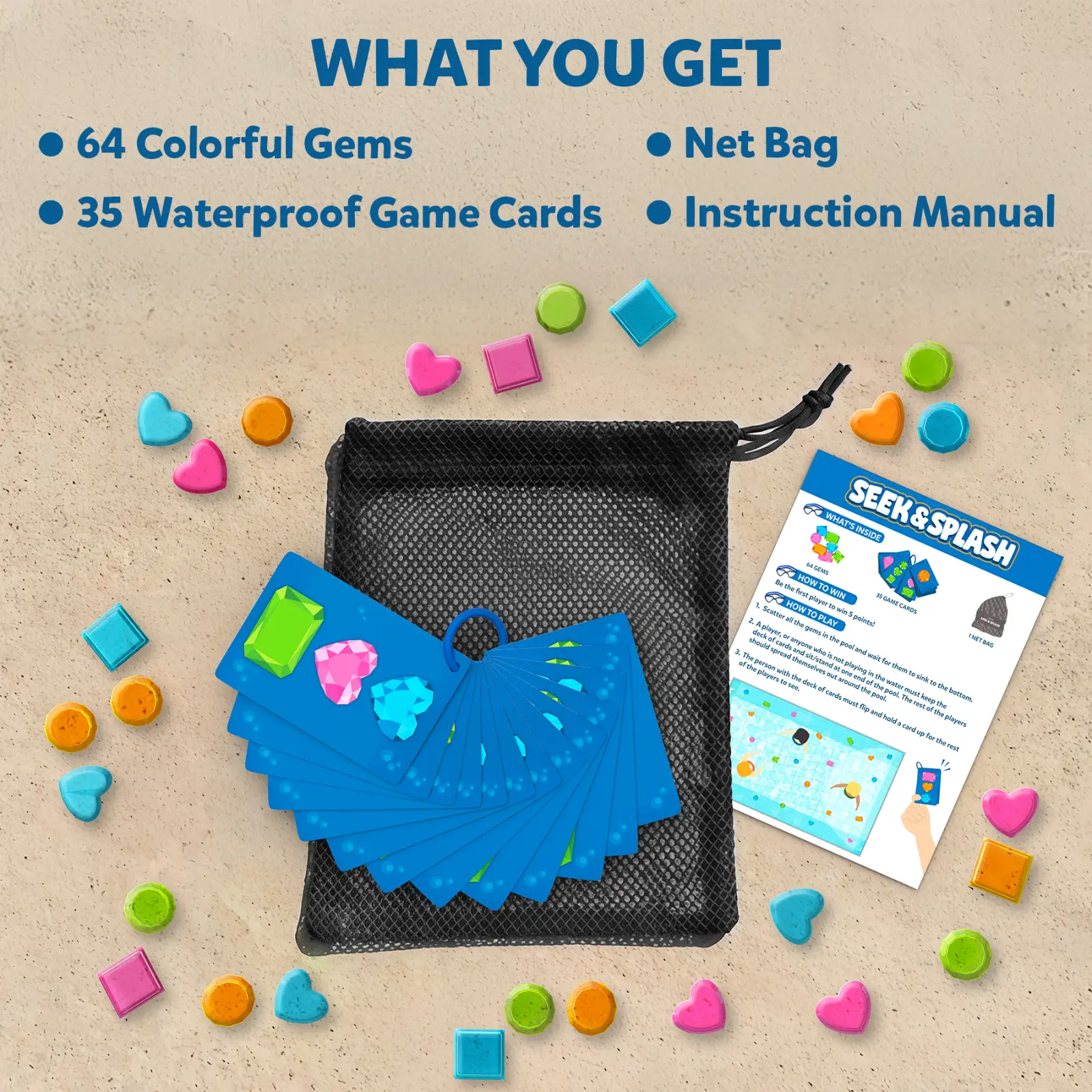 Seek & Splash game components displayed including card tokens and water accessories