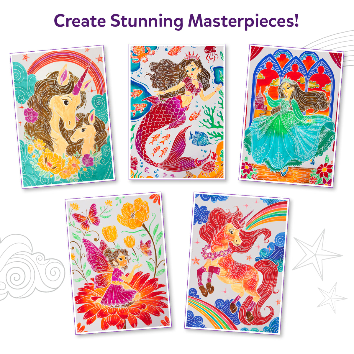 Collage of five finished Paint-Over Art masterpieces featuring unicorns, mermaids, fairies, and fantasy scenes in vivid reds, blues, greens and oranges, titled Create Stunning Masterpieces, showcasing final colored artwork sheets arranged on a white background with decorative stars.