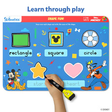 Skillmatics learning mat with Disney characters teaching shapes and writing.