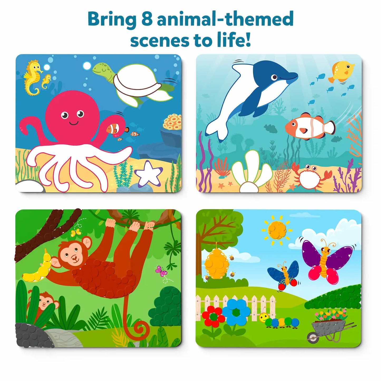 Animal-themed puzzle scenes from Dot it Wild Farm and Underwater Sticker Art for ages 3-7