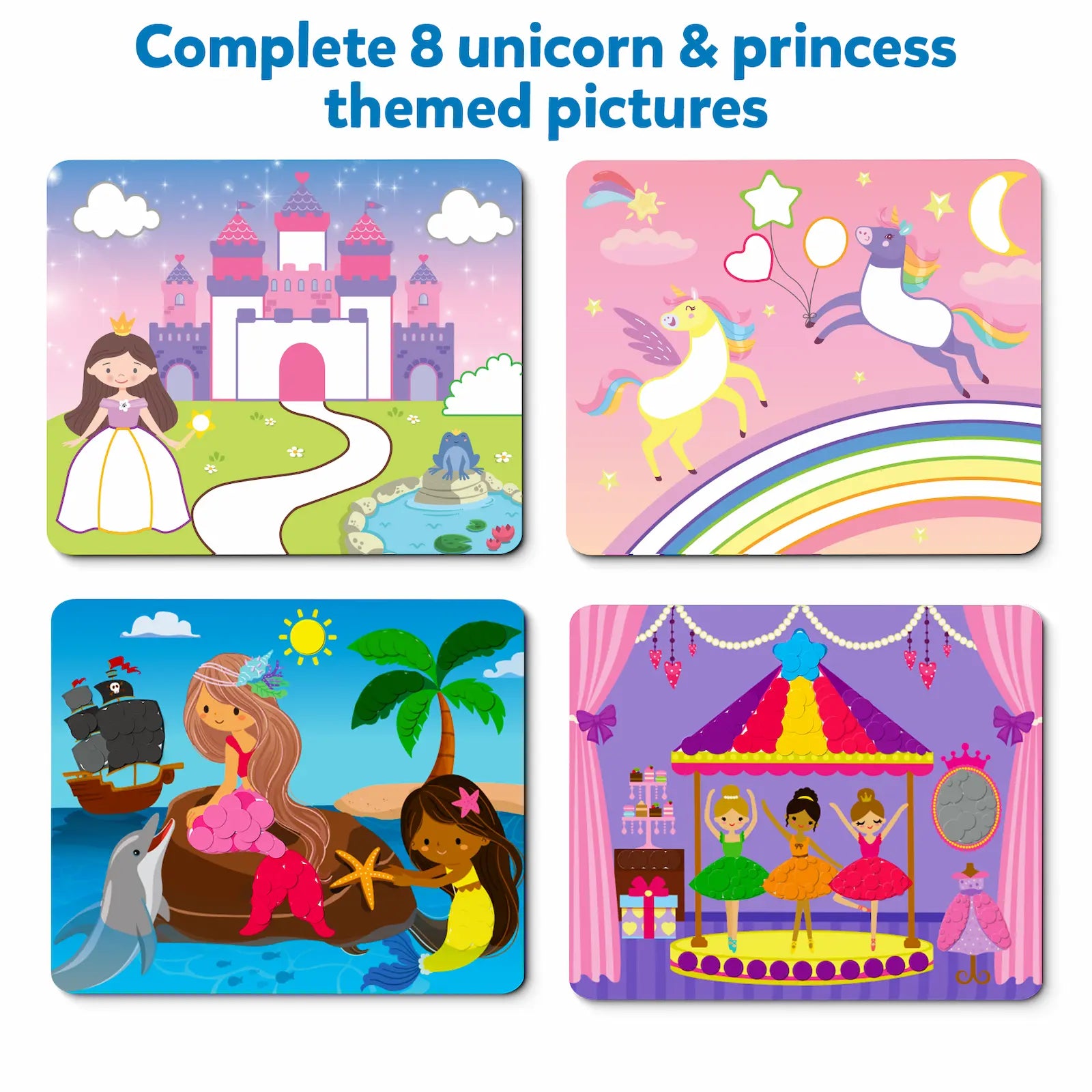 Unicorn and princess-themed scenes from Dot it! No mess sticker art for ages 3-7