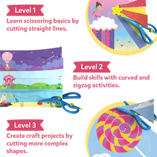 Educational craft kit with scissors and paper for different skill levels on a white background