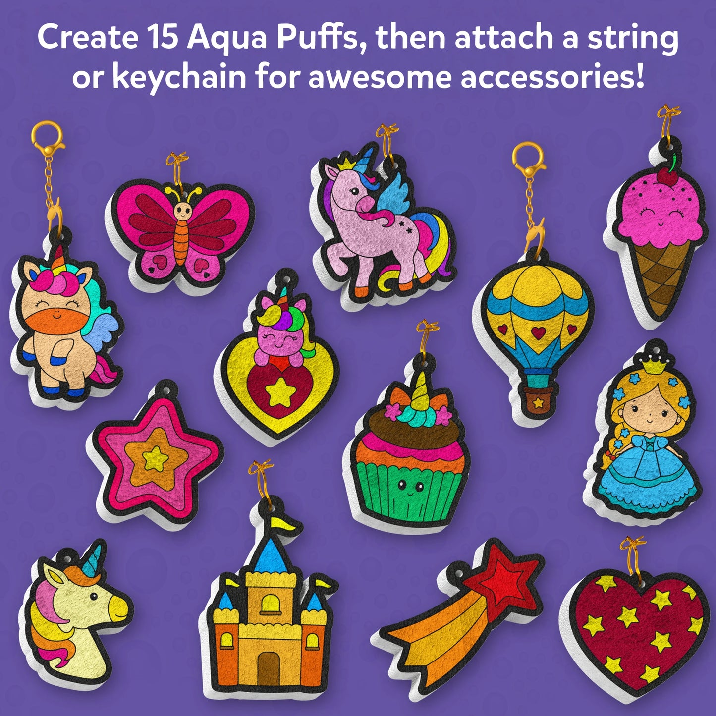 Colorful Aqua Puff keychains featuring Princesses and Unicorns from the 3D Art Kit