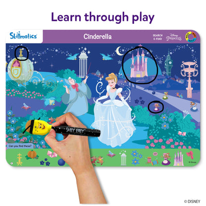 Skillmatics Disney Princess Cinderella educational game board with a hand holding a marker.