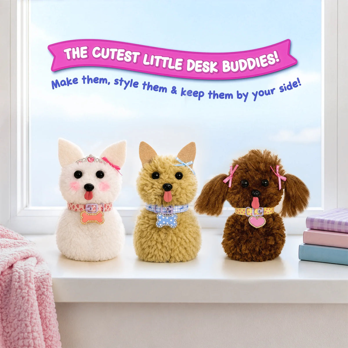 Three handmade Skillmatics PomPals puppies in white, golden yellow and brown sit on a desk beside stacked books and a pink blanket. Each fluffy puppy has black eyes, a nose, a pink tongue, decorative bows and a patterned collar with a colourful charm.