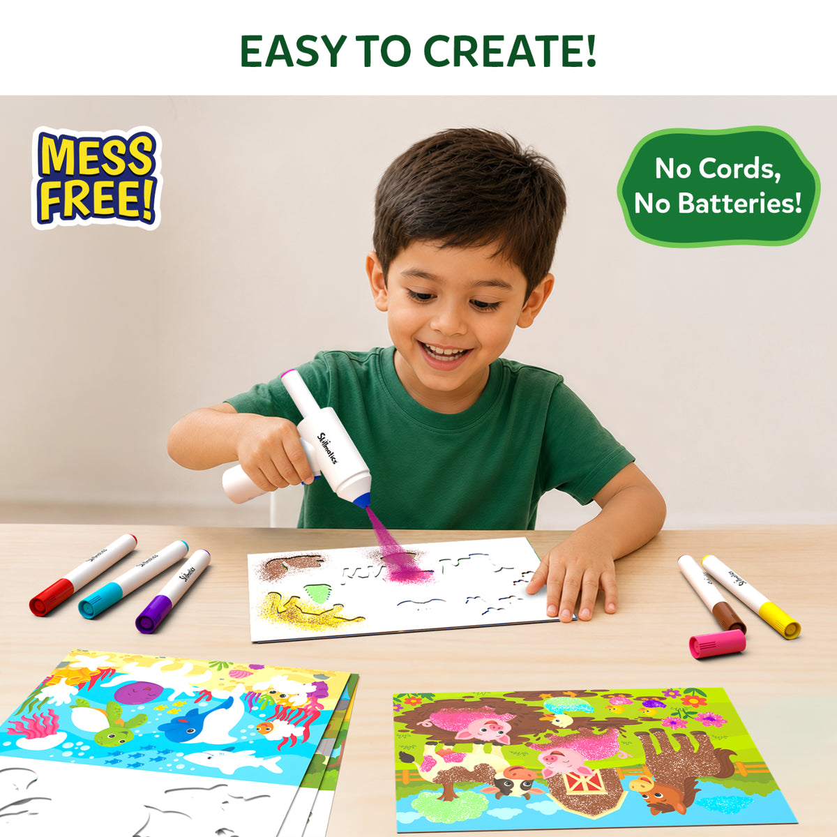 A smiling child uses the Skillmatics Spraybrush Art tool to spray pink color onto a picture board at a wooden table, with colorful markers and finished animal artwork nearby. Text highlights mess-free creativity and a cordless design that requires no batteries.