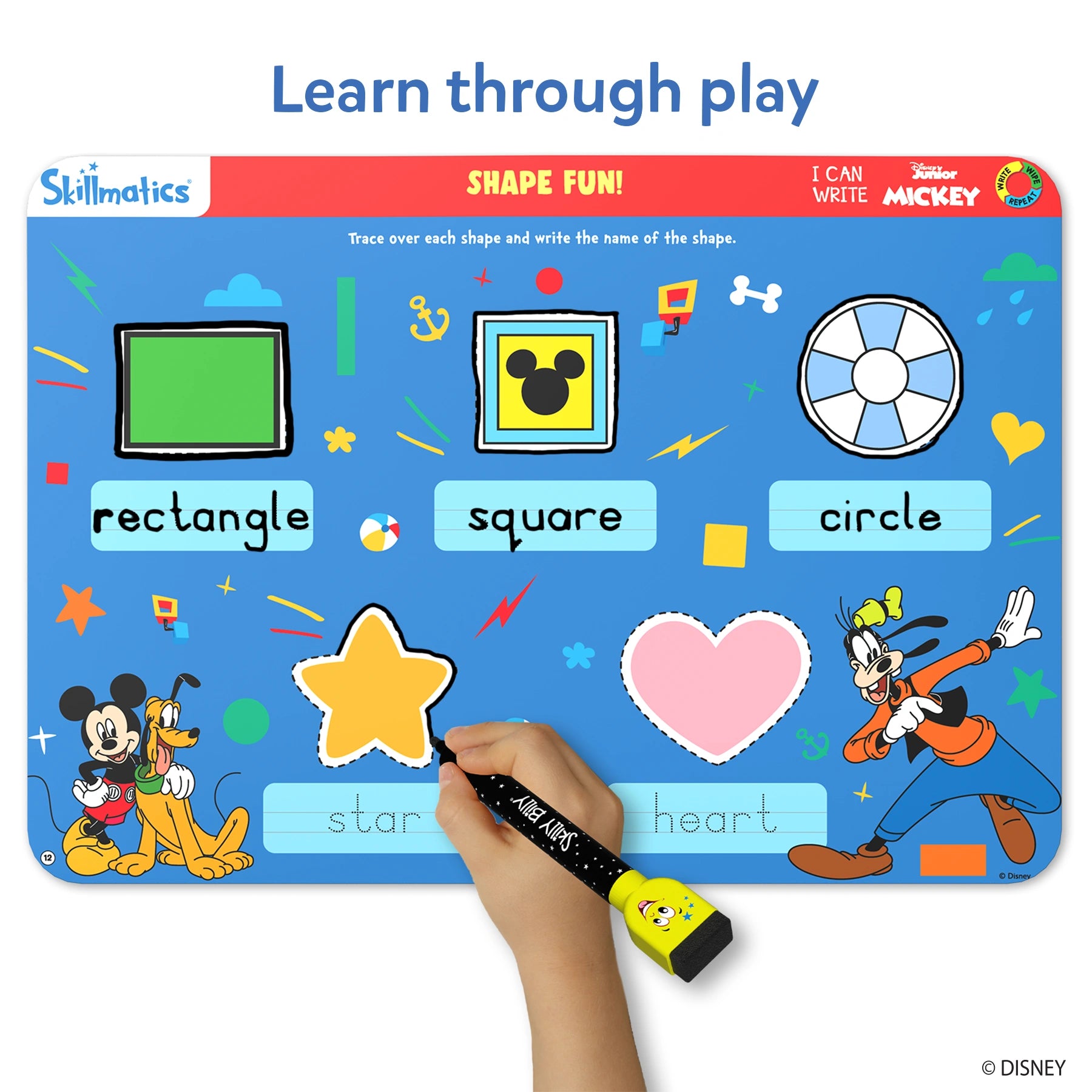 Skillmatics learning mat with Disney characters teaching shapes and writing.