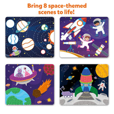 Space-themed coloring cards for kids featuring outer space designs and no mess sticker art