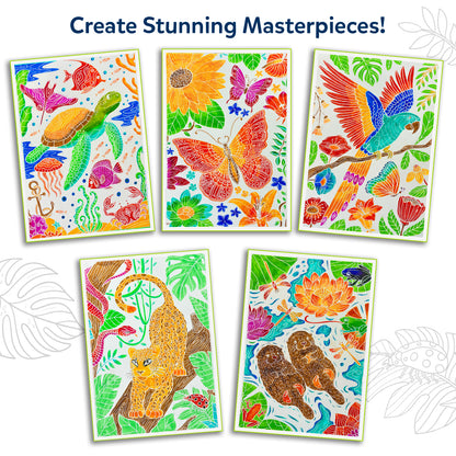 Collage of finished Paint-Over Art masterpieces displayed on white background, featuring vividly colored animals like parrot, sea turtle, leopard, butterflies and underwater scenes, showcasing bright marker fills, detailed patterns and tropical themed illustrations.