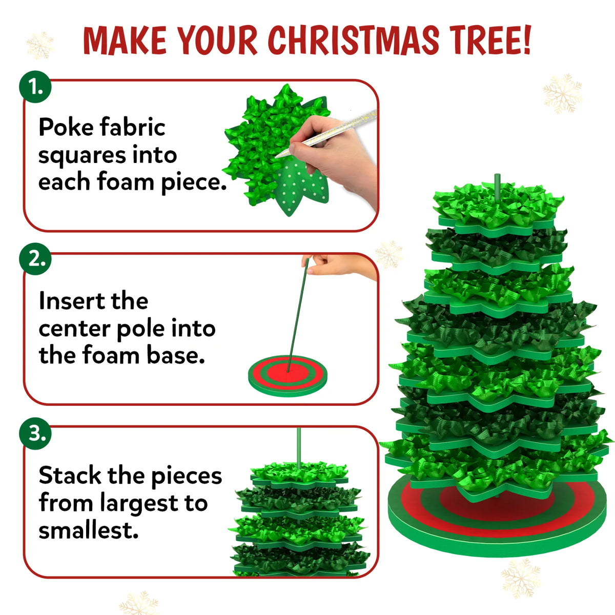 Skillmatics Poke-In Art Christmas Tree assembly guide showing three steps: poke fabric squares into each foam piece, insert the center pole into the foam base, and stack the foam pieces from largest to smallest. A completed layered green tree on a round base is shown beside the steps.      
