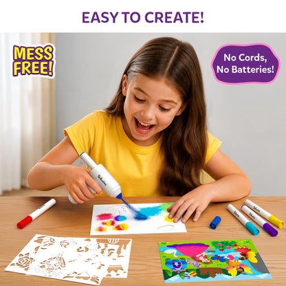 A smiling girl in a yellow T-shirt uses the Skillmatics Spraybrush to create colourful art on paper at a wooden table. Spray markers, stencil sheets and a completed picture surround her. Text highlights mess-free creativity and a cordless, battery-free design.