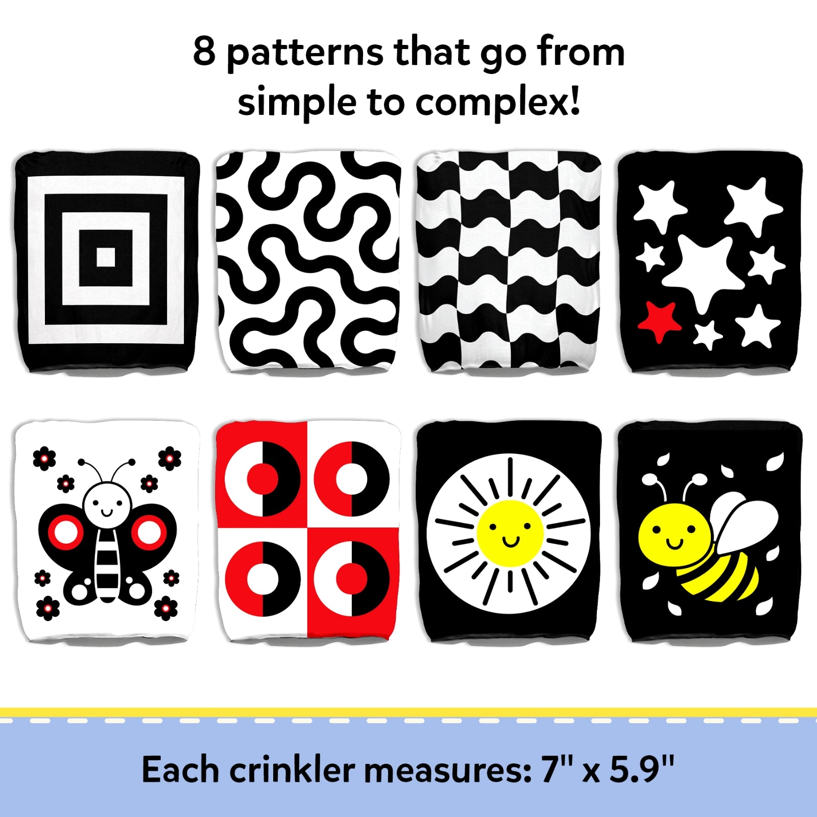 Educational layout for Skillmatics Sensory Crinklers showing “8 patterns that go from simple to complex” in a grid of eight cloth designs. Includes concentric squares, wavy lines, checker waves, stars, butterfly, red circles, sun face and bee. Footer notes each crinkler measures 7 x 5.9 in.