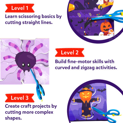 "Three Snip, Snip! skill levels: Level 1, learn scissoring basics by cutting straight lines across a Halloween scene; Level 2, build fine-motor skills by cutting curved and zigzag lines around a purple spider; Level 3, create craft projects by cutting complex shapes like a pumpkin-headed scarecrow.