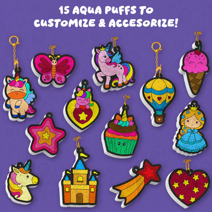 Colorful Aqua Puff keychains featuring Princesses and Unicorns from the 3D Art Kit