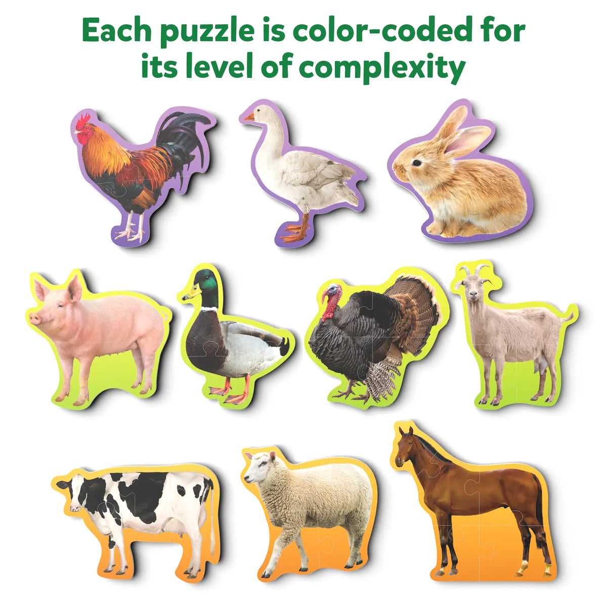 Farm animal puzzle pieces for kids ages 3 and up from Step by Step Puzzle Farm Animals