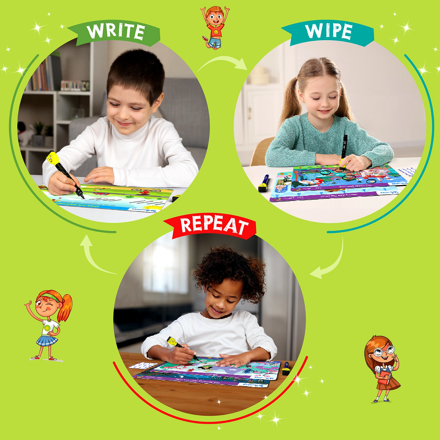 Children using a Write-and-Wipe Puzzle on I Can Write Reusable Activity Mats for ages 3-6