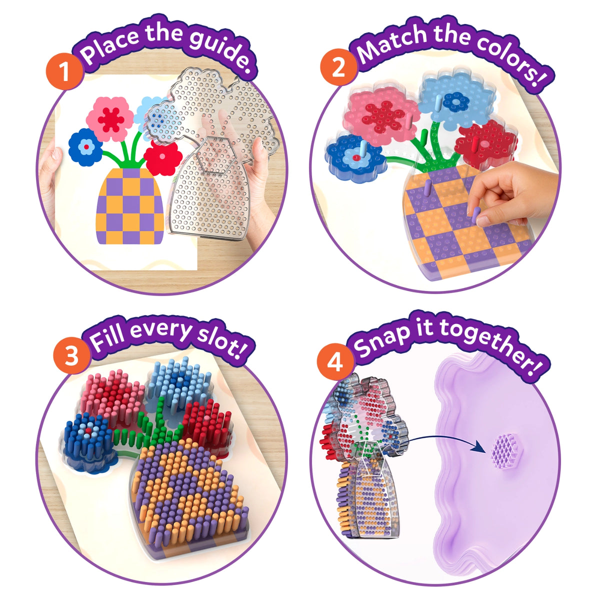 Step-by-step guide for creating the Skillmatics Stixels Flower Vase wall décor. Images show sliding the color guide beneath the transparent base, matching and inserting Stixels, filling every slot, snapping the completed design into the lavender frame, and displaying the finished wall-ready artwork.