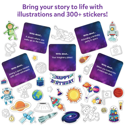Space-themed story-writing kit with planets stars and rockets for young explorers