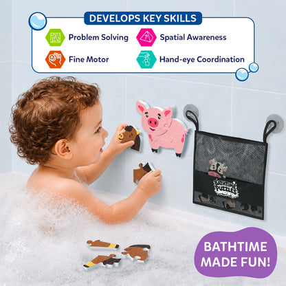 Toddler assembling a foam horse puzzle on a bathtub wall while pig and cow puzzles are attached nearby. Loose puzzle pieces float in the bubbly bath. Graphic highlights developmental benefits including problem solving, fine motor skills, spatial awareness, and hand-eye coordination.