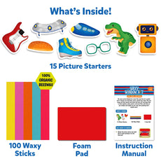 Waxy Window Art Kit featuring colorful cars, dinosaurs, and creative craft designs