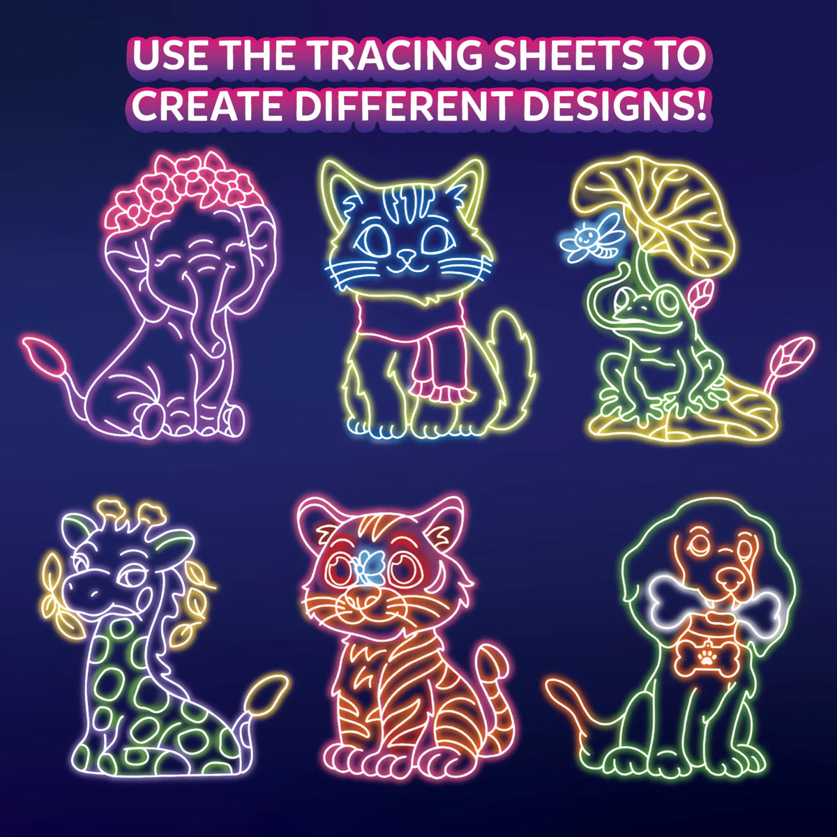 Six glowing animal artwork examples demonstrate designs made with the Skillmatics Light-Up Sketcher: an elephant with a flower crown, scarf-wearing cat, frog on a leaf, spotted giraffe, striped tiger and bow-wearing dog, all outlined in bright multicolored light on a dark blue background.