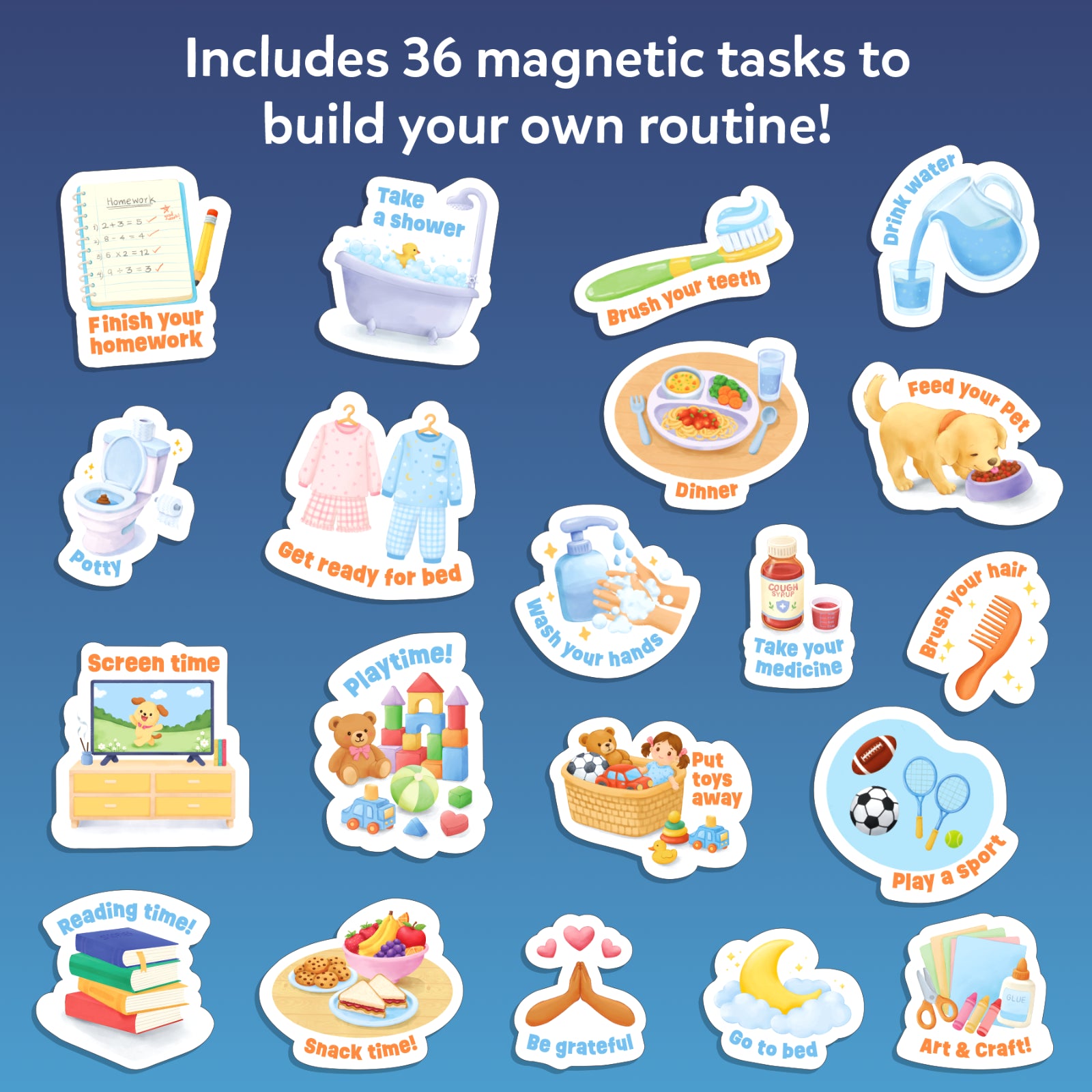 Illustrated collection of the 36 magnetic task pieces included with the Skillmatics My Daily Routine Chart. Activities include brushing teeth, homework, meals, washing hands, bedtime, reading, sports, art, gratitude, playtime, medicine, school, pet care, and other everyday routines.