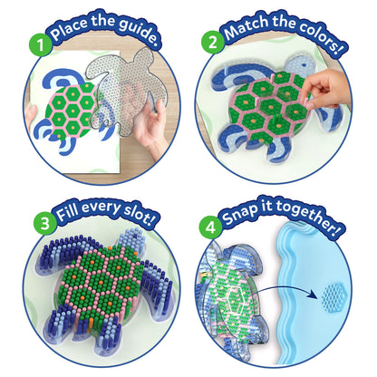 Step-by-step visual guide showing how to create the Skillmatics Stixels Sea Turtle wall decor. Images demonstrate placing the color guide beneath the transparent base, matching and inserting Stixels by color, filling the design, attaching it to the frame, and displaying the finished artwork.