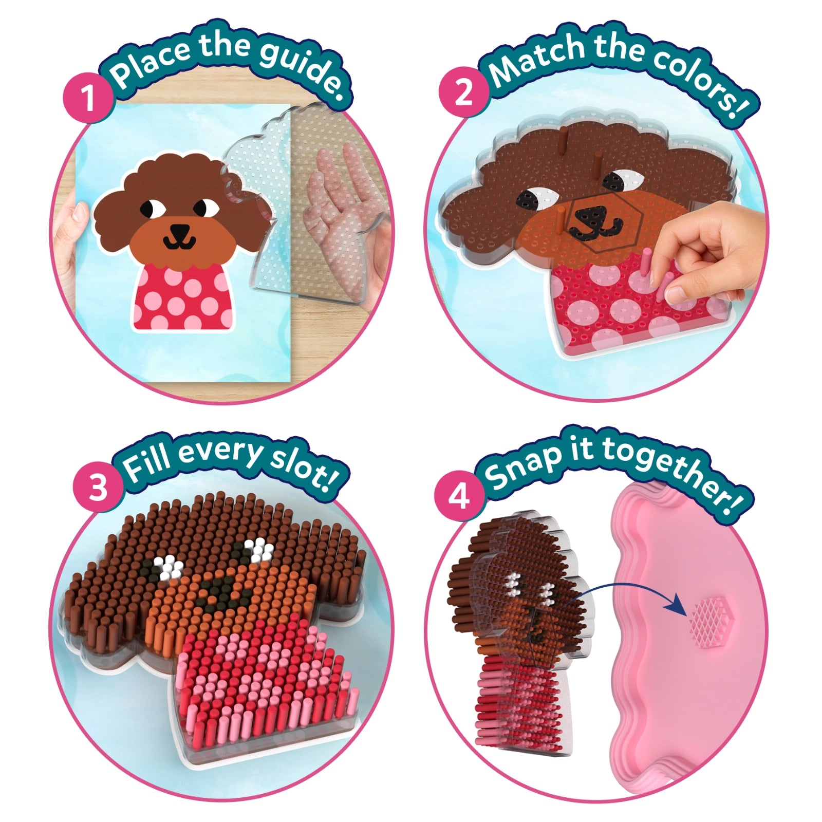 Step-by-step 'How it Works' guide for Skillmatics Stixels showing four circular panels: slide color guide under transparent base, match colors and slot stixels in, fill every slot to complete design, and align hexagons to snap frame together. Includes visual of child completing 3D puppy wall décor.