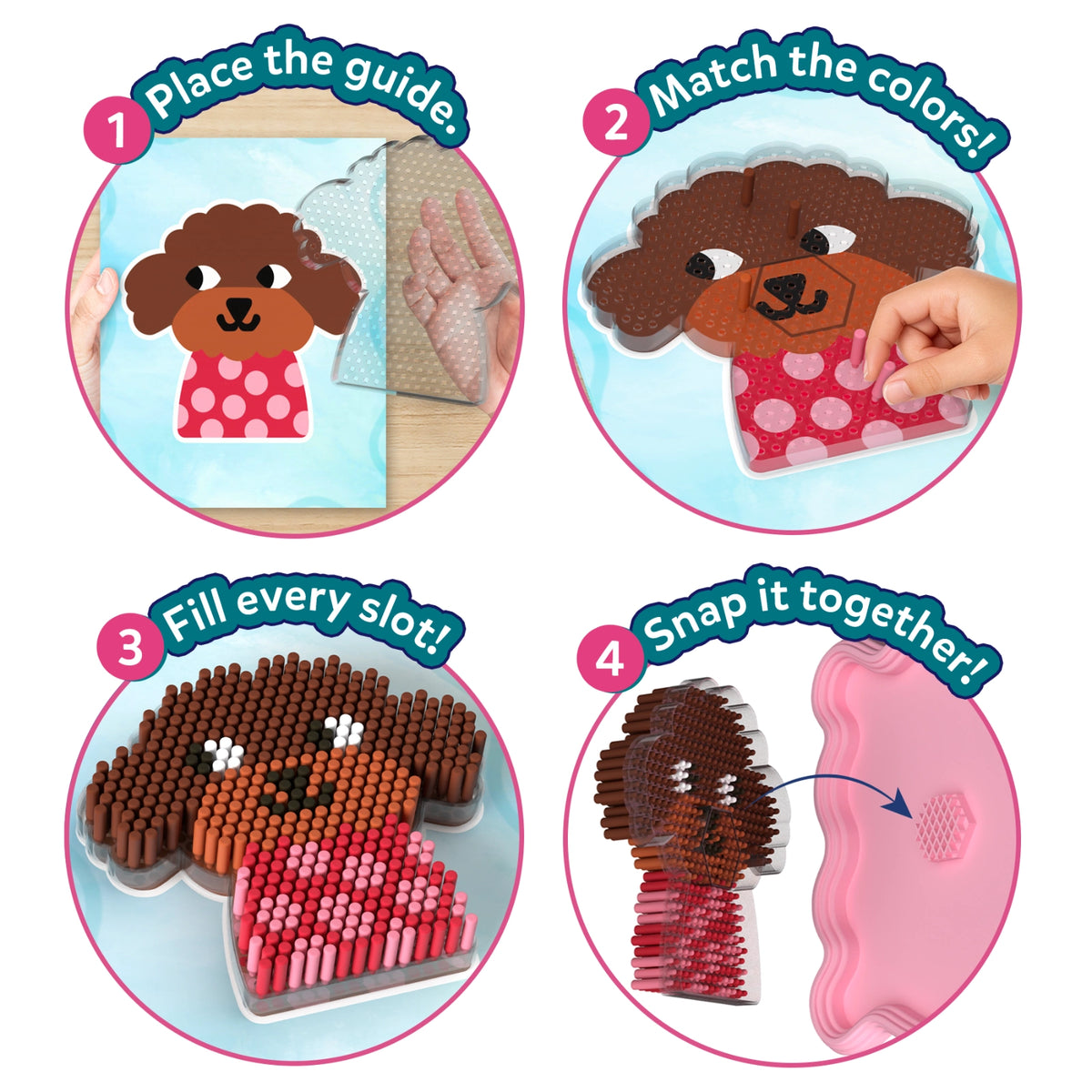 Step-by-step 'How it Works' guide for Skillmatics Stixels showing four circular panels: slide color guide under transparent base, match colors and slot stixels in, fill every slot to complete design, and align hexagons to snap frame together. Includes visual of child completing 3D puppy wall décor.