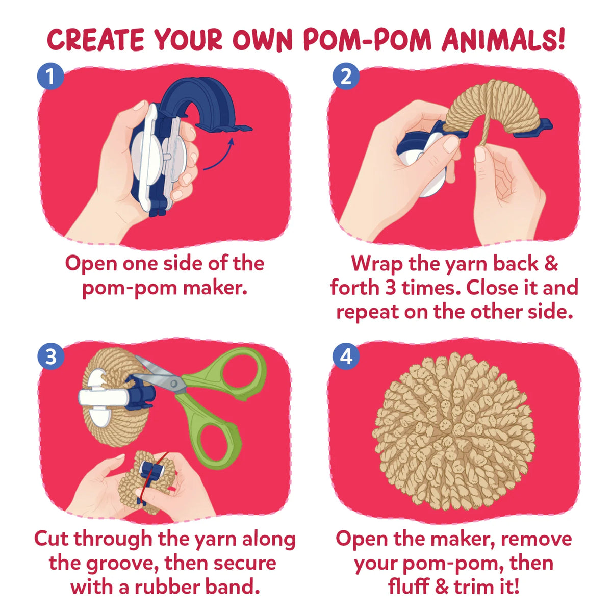Four numbered illustrated steps explain how to make a pom-pom with the Skillmatics maker in pink panels: open one side, wrap yarn around both sides, cut along the groove and secure with a rubber band, then remove the pom-pom, fluff it and trim it.