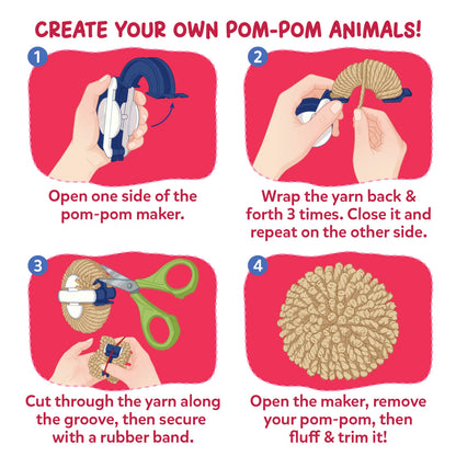 Four numbered illustrated steps explain how to make a pom-pom with the Skillmatics maker in pink panels: open one side, wrap yarn around both sides, cut along the groove and secure with a rubber band, then remove the pom-pom, fluff it and trim it.