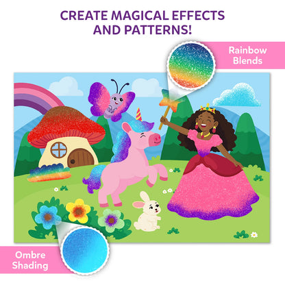 Skillmatics Spraybrush Art example featuring a princess with a wand, a pink unicorn, a butterfly, a rabbit, a mushroom house, flowers, hills and clouds. Glittery spray effects decorate the scene, illustrating rainbow blends and ombre shading on the picture board.