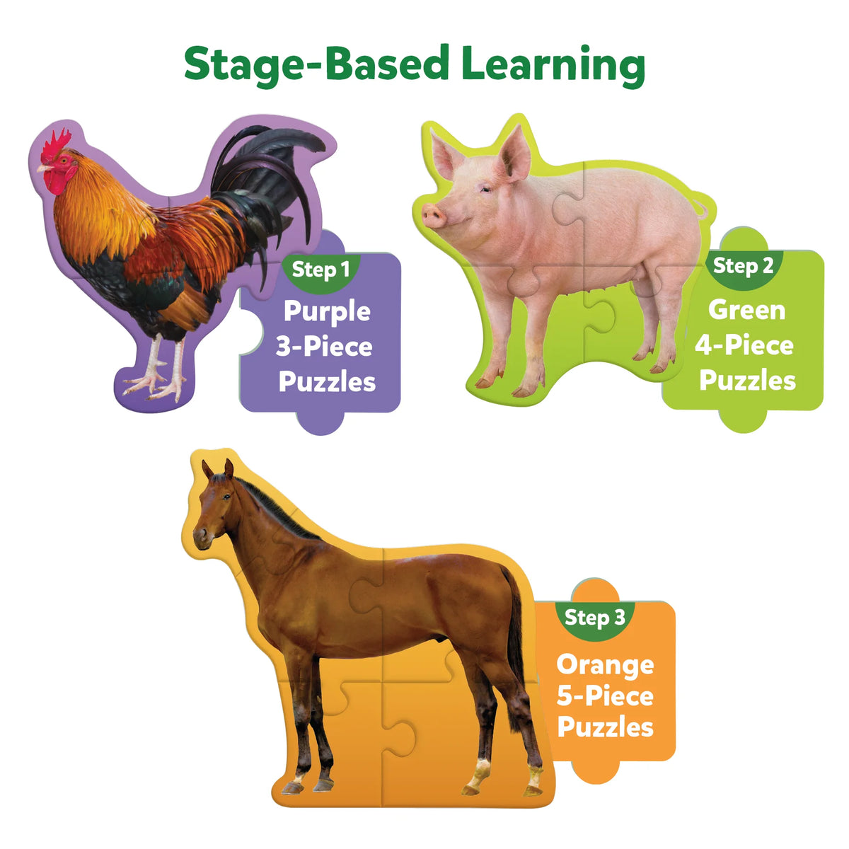 Colorful stage-based farm animal puzzles for children aged 3 and up