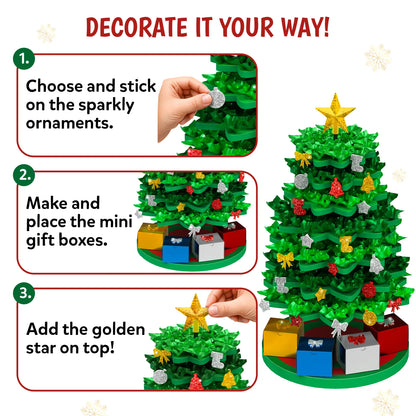Skillmatics Poke-In Art Christmas Tree decoration guide showing three steps: choose and stick glitter ornaments onto the tree, make and place the mini gift boxes, and add the golden star on top. A fully decorated green tree with colourful ornaments and gift boxes is shown at right.