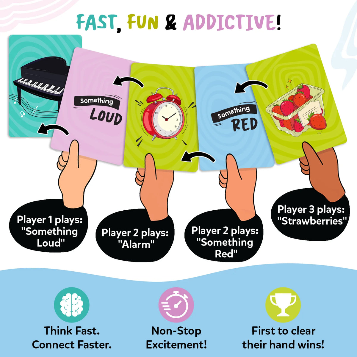 Gameplay example for Skillmatics Cross Over showing a rapid chain of matching cards. A “Something Loud” category card connects to an alarm clock picture card, followed by a “Something Red” category card and a strawberry picture card. Icons emphasize quick thinking, nonstop excitement, and racing to clear your hand.