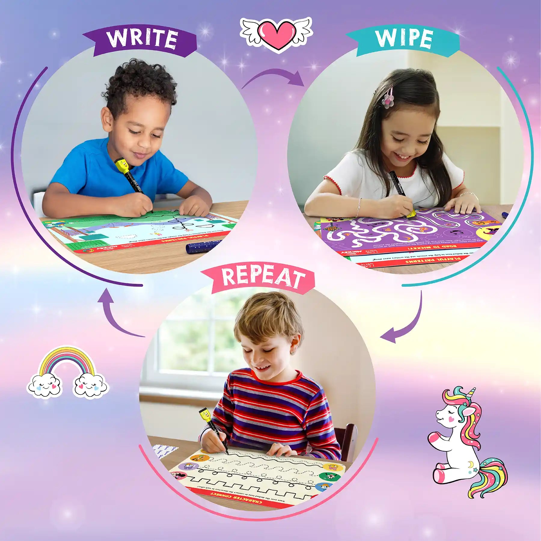 Circular diagram of Children writing on Reusable Activity Mats from I Can Write Unicorn Edition