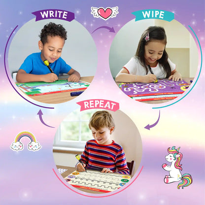Circular diagram of Children writing on Reusable Activity Mats from I Can Write Unicorn Edition