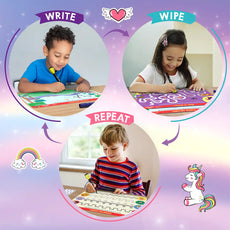 Circular diagram of Children writing on Reusable Activity Mats from I Can Write Unicorn Edition