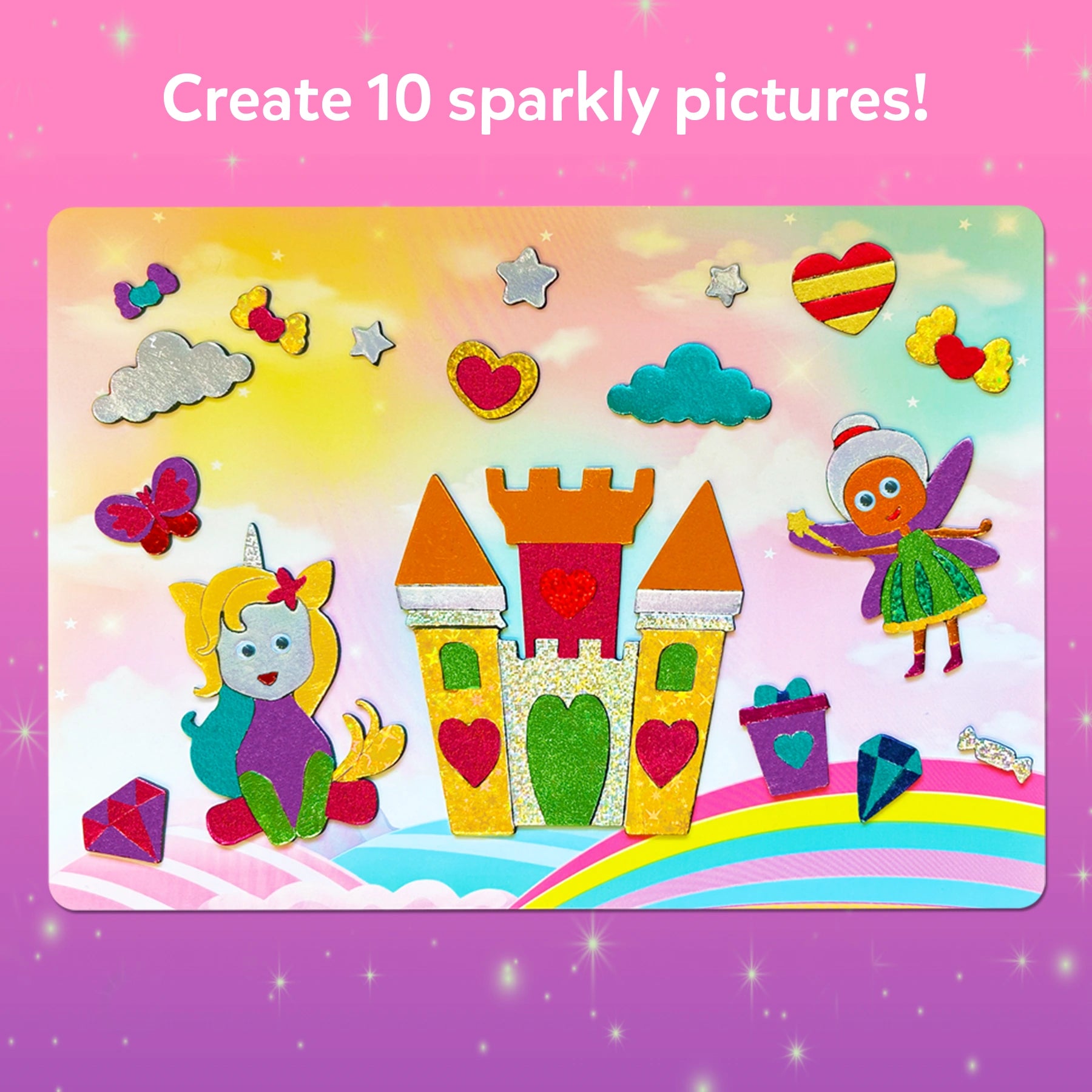 Sparkly fairy tale sticker scene from Foil Fun Unicorn and Princess art kit for ages 4-9