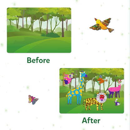 Before and after forest scene from Foil Fun World of Animals No Mess Art Kit