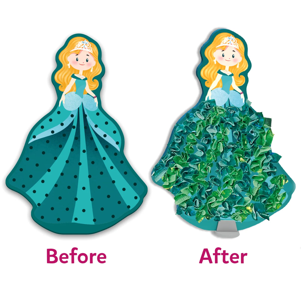 Princess craft before and after showing magic transformation in Poke-in Art for kids