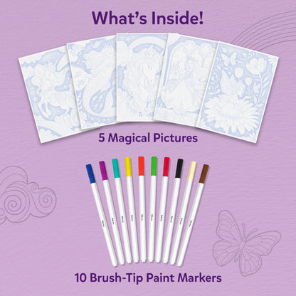 Paint-Over Art 'What's Inside' layout showing five magical themed outline art sheets arranged in a fan, alongside ten brush-tip paint markers in multiple colors. Soft purple background with title text and decorative patterns highlights kit contents for creative colouring activity.