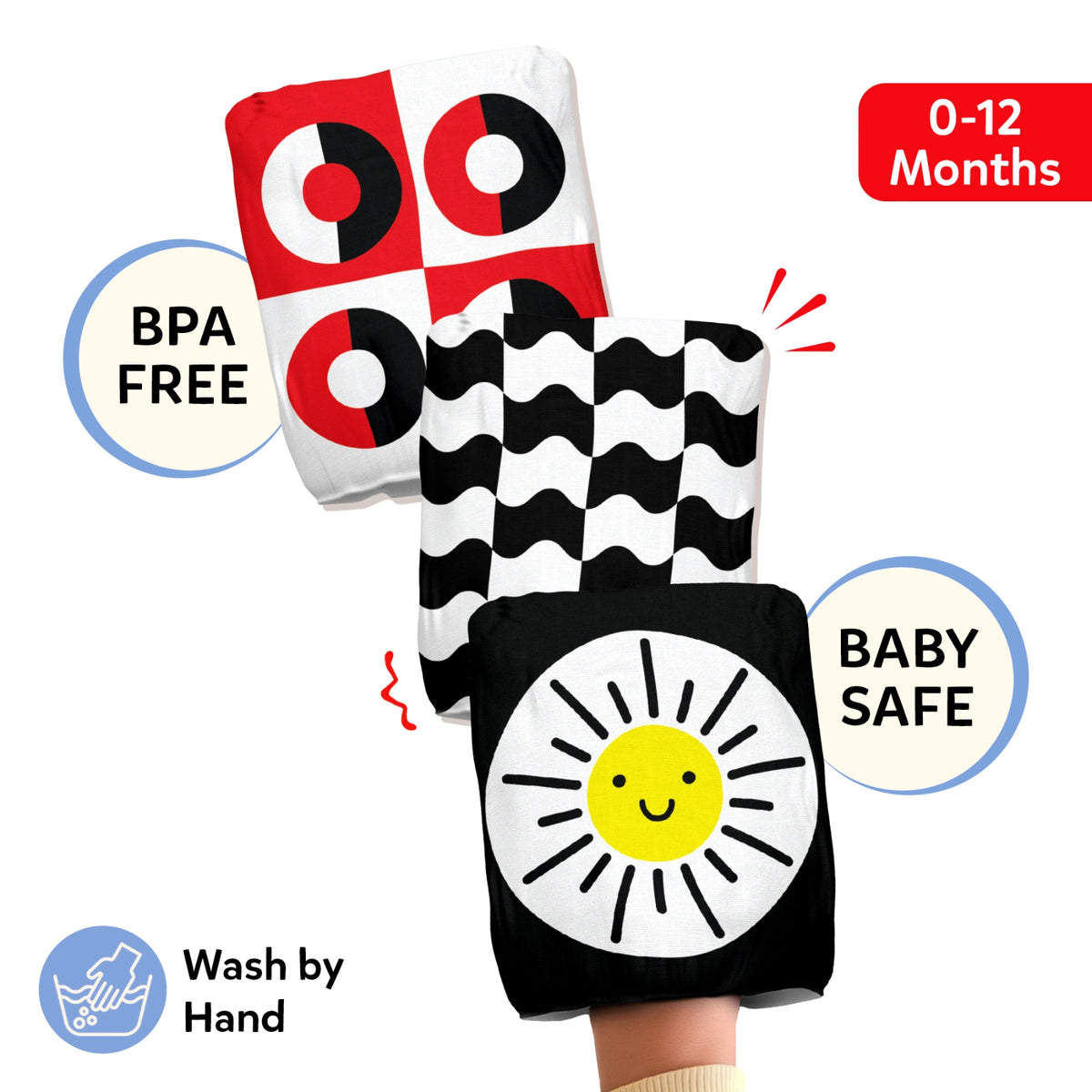 Skillmatics High Contrast Crinklers panel titled Designed for Early Development, with a central black cloth crinkler showing white star patterns and a red accent star. A dotted arc connects icons for Sight (eye), Sound (speaker), and Touch (hand), showing multisensory development.