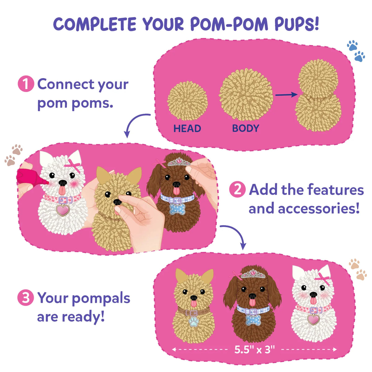 Skillmatics PomPals instruction graphic showing three steps to make pom-pom puppies: connect smaller and larger yarn pom-poms to form the head and body, add facial features and accessories, and display three finished puppies in brown, tan and white, with an illustrated size guide.