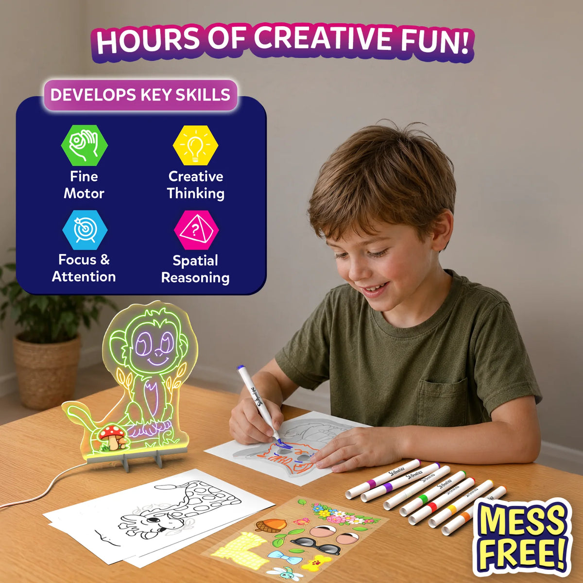 Child uses neon markers to color animal tracing sheets with a Light-Up Sketcher on a wooden table. A glowing monkey-shaped light stands beside the artwork, while markers and stickers are spread nearby. Text highlights creative fun, skill development, and a mess-free activity.
