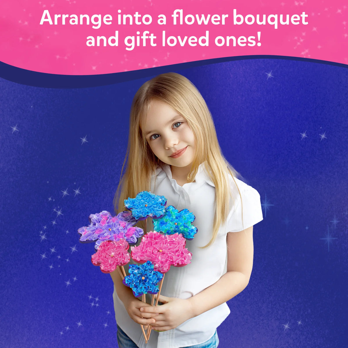Young girl holding colorful flower bouquet from Poke-in Art Mess-Free Flower Bouquet for Kids