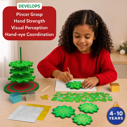 Child using the Skillmatics Poke-In Art Christmas Tree activity at a table, poking green fabric squares into a foam tree piece. A partly assembled tree, circular base, loose fabric squares, glitter sheets, golden star, mini gift boxes and poke-in sticks are visible, alongside listed skill benefits. 