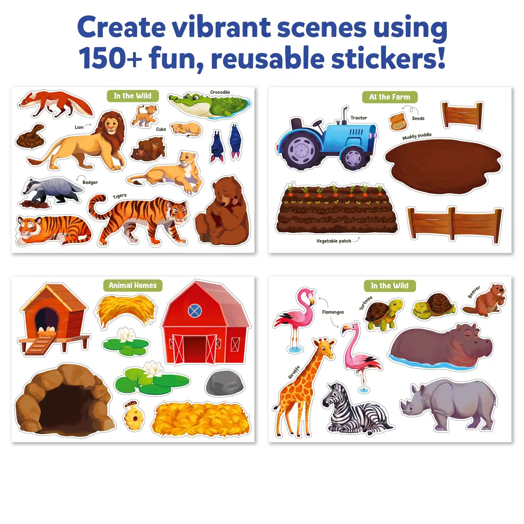Colorful sticker scenes with Animals and farm items for kids ages 3 to 7